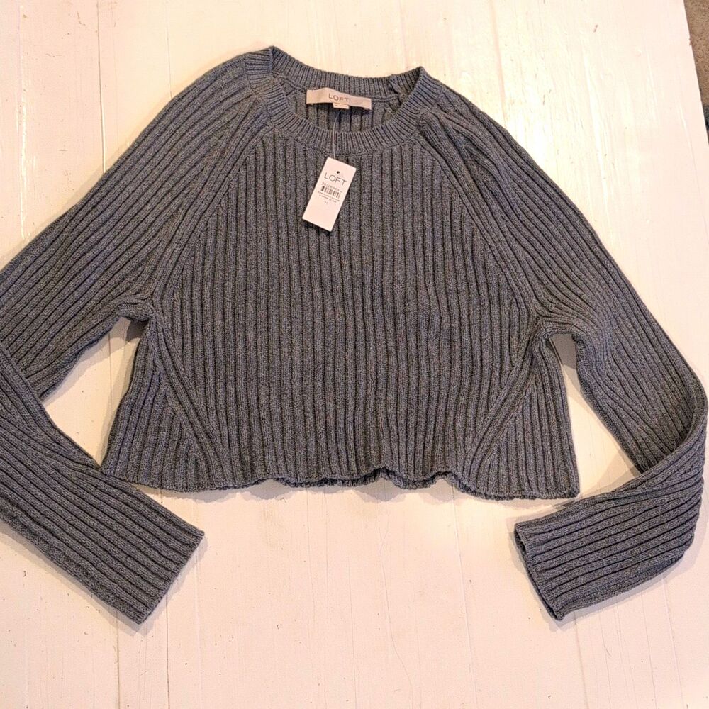 Loft Cropped Crewneck Sweater Grey Chunky Rib Knit Medium New With Tags